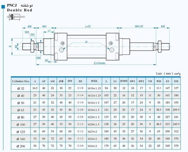 سیلندر استاندارد دو سر شفت PNCJ با قطر 125 و کورس 300 میلیمتر (ISO 6431)